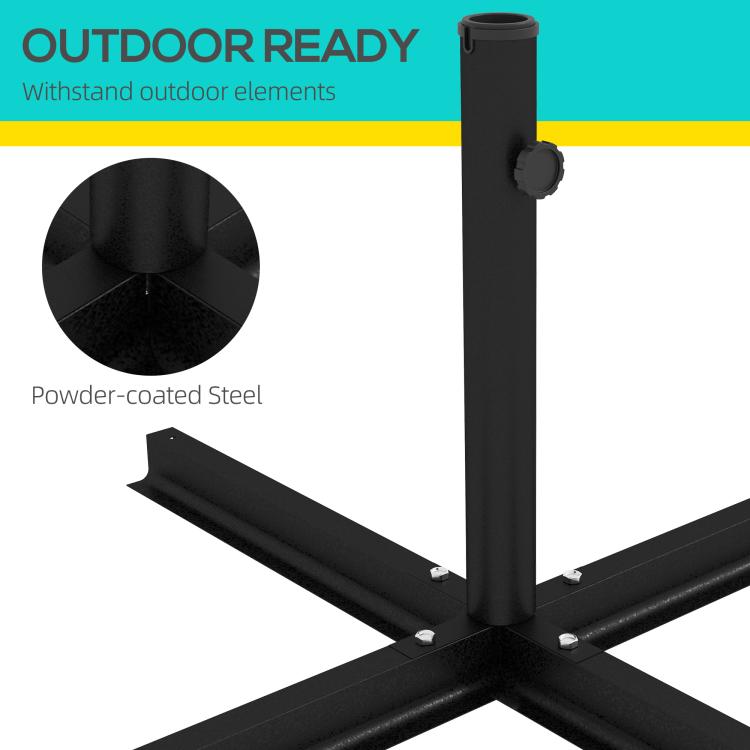 Black umbrella cross base stand with powder-coated steel pole and cross braces
