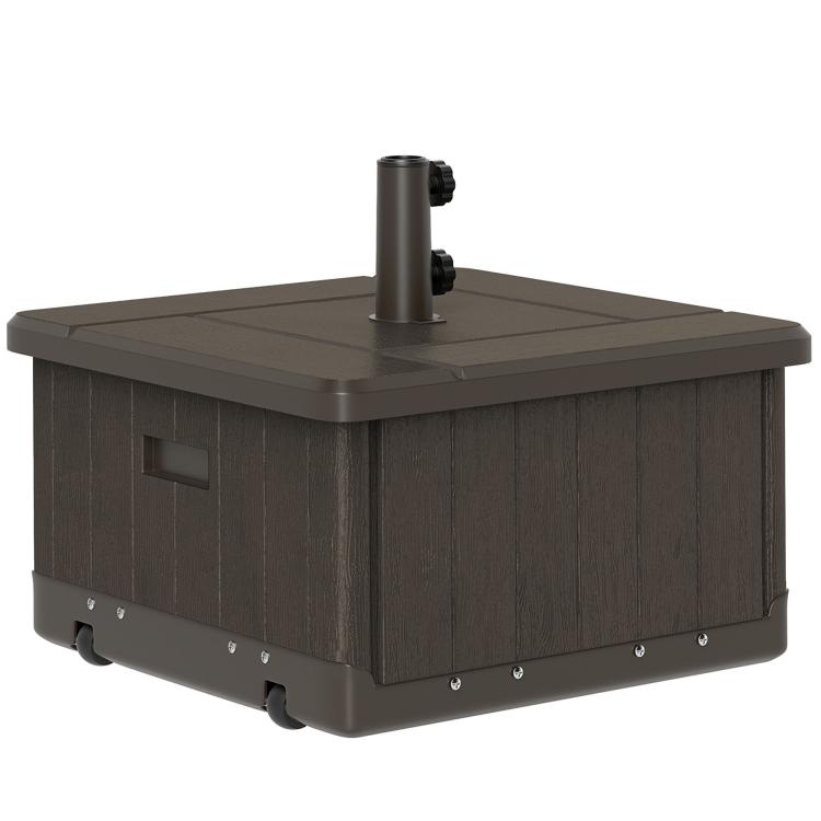 Brown outdoor umbrella base with wheels, handle, and built-in side storage box