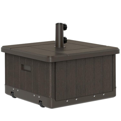 Brown outdoor umbrella base with wheels, handle, and built-in side storage box