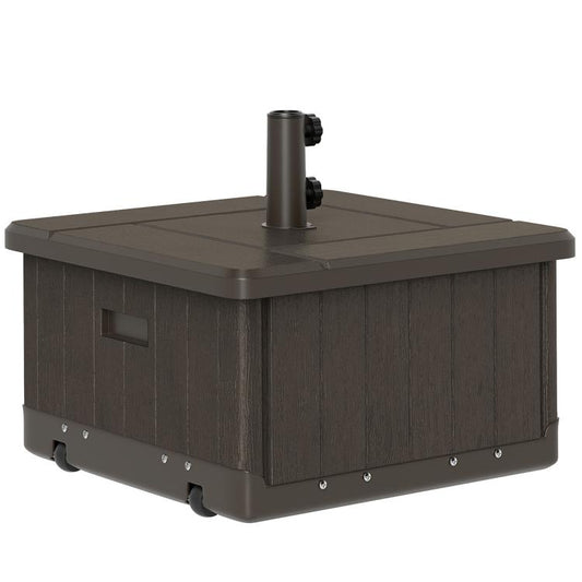 Brown outdoor umbrella base with wheels, handle, and built-in side storage box