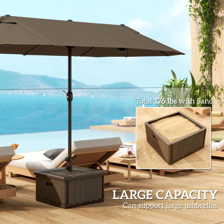 Brown umbrella base with sand-filled support tray and top pole mount