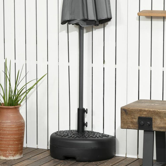 Black half-round umbrella stand base with vertical pole support and textured top