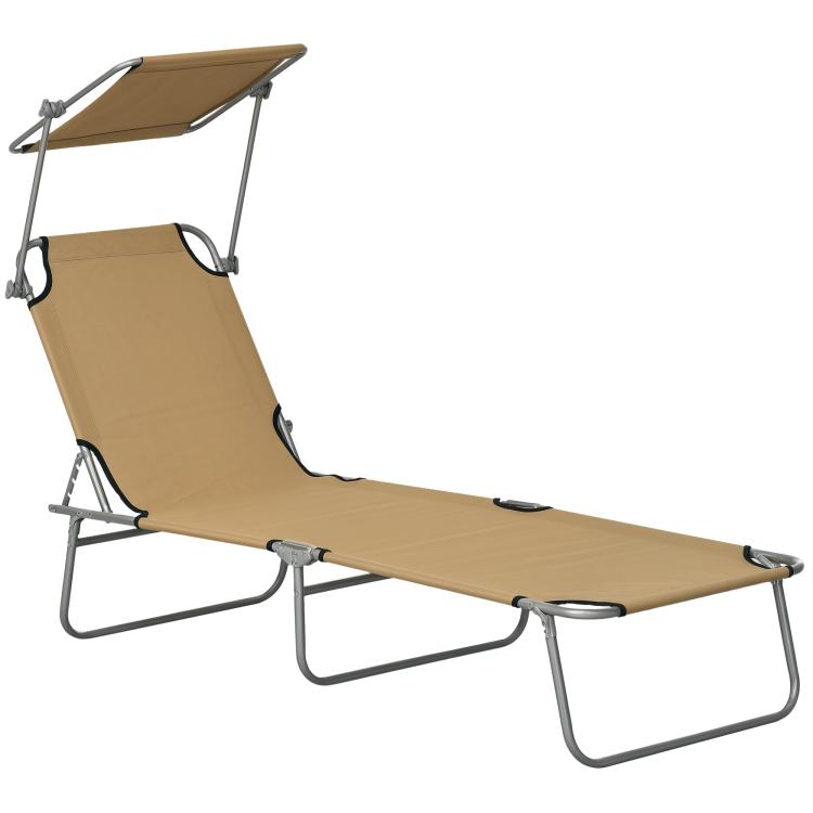 Tan folding pool chaise lounge chair with adjustable sun shade and metal frame