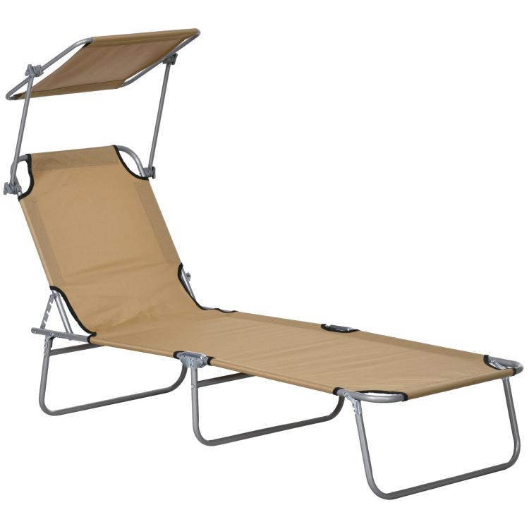 Tan folding chaise lounge chair with sun shade and padded backrest