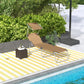 Tan folding pool chaise lounge chair with sun shade and metal legs