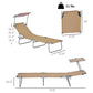 Tan folding sun lounger chair with sun shade and padded fabric seat