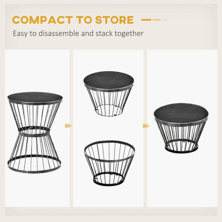 Black hourglass side table with round top, stackable sections shown