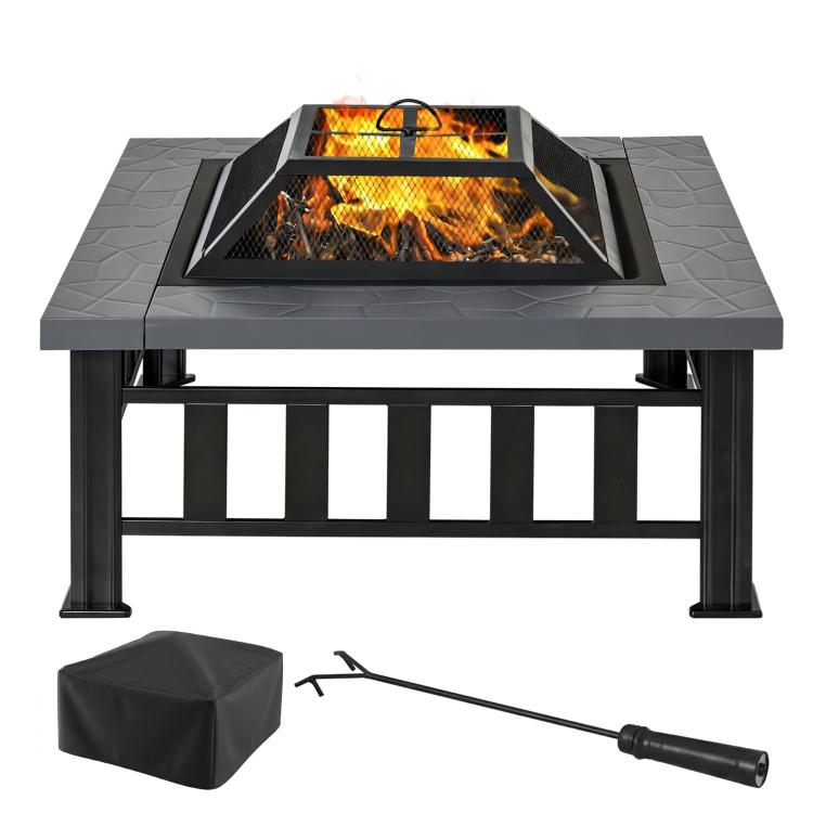 Square steel wood-burning fire pit with spark screen, poker, and waterproof cover set