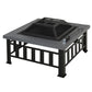 Square steel outdoor fire pit with spark screen and mesh lid on black frame