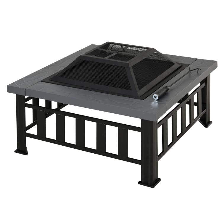 Square steel wood-burning fire pit with mesh spark screen on black base
