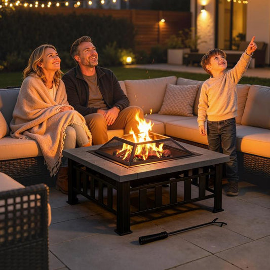 Outdoor square fire pit with fire burning inside spark-screened bowl on patio