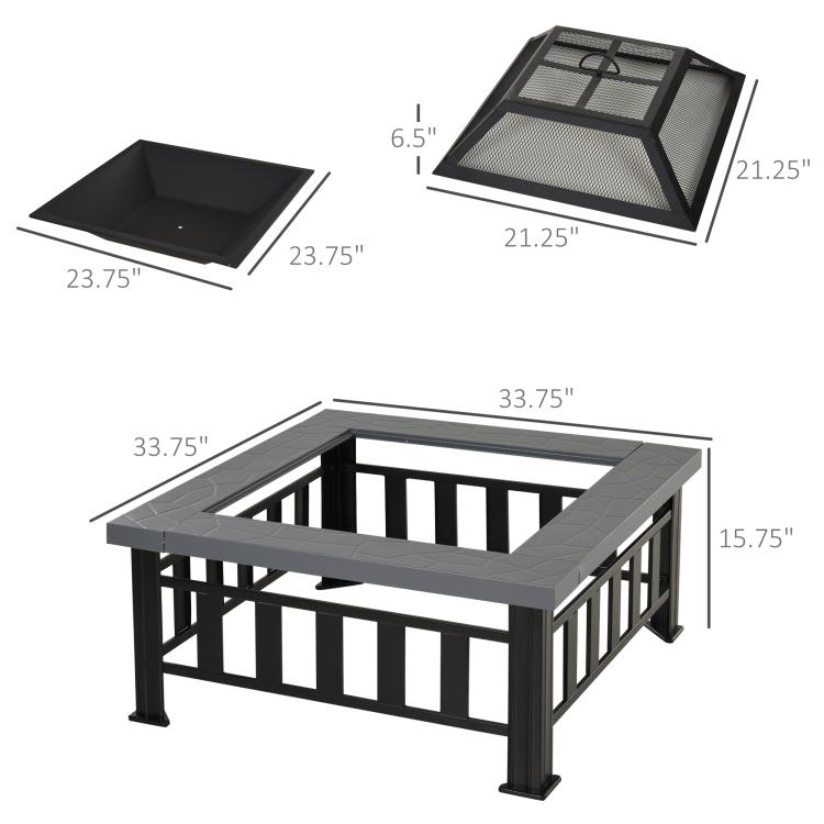 Square fire pit with black metal frame and tiled top, with spark screen and lid