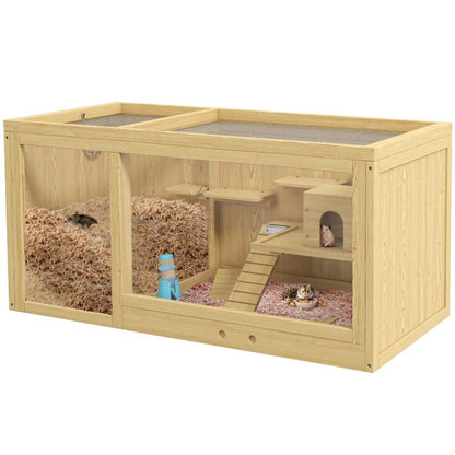 Light wood hamster cage with open front, multi-level play area, ladder, and seesaw