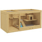 Wood hamster enclosure with open side, internal platforms, ladder, hide, and running area