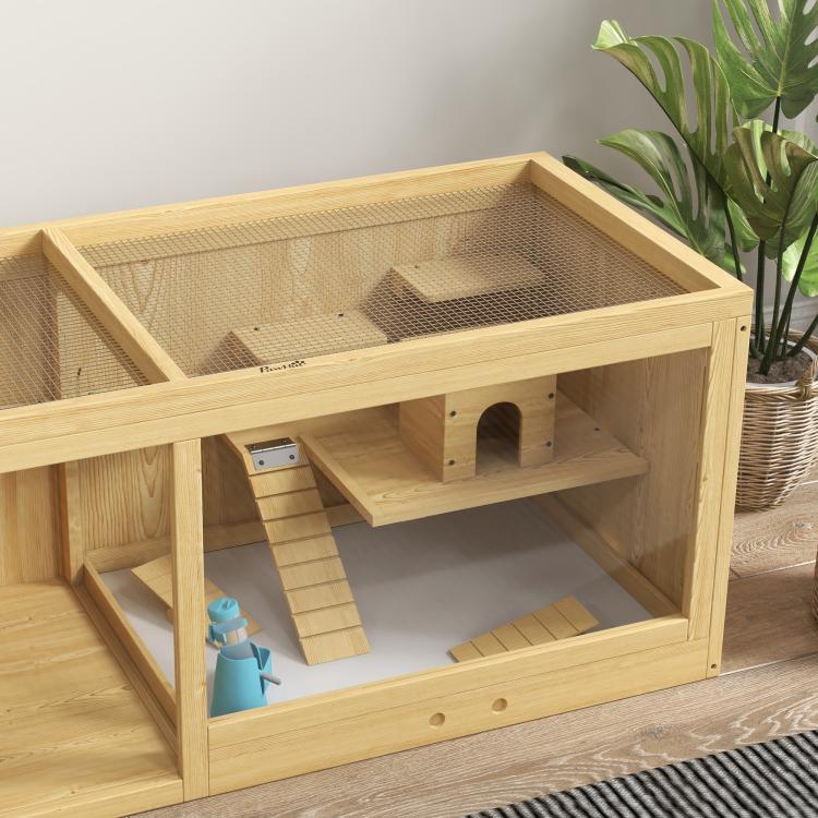 Extra large wooden hamster cage with open side, ramp ladder, and pull-out tray