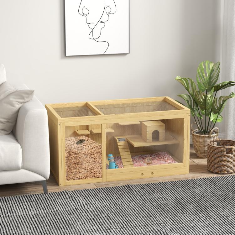 Wood hamster cage with two compartments, ladder ramp, small hut, and interior platforms