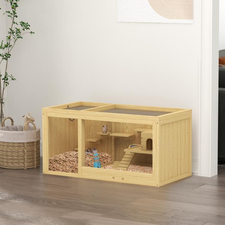 Rectangular wooden hamster cage with open front, ladder ramp, and small house inside