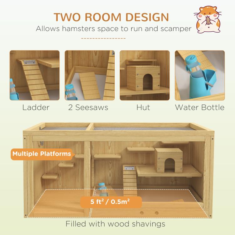 Wood hamster cage showing ladder, two seesaws, hut, and water bottle placement