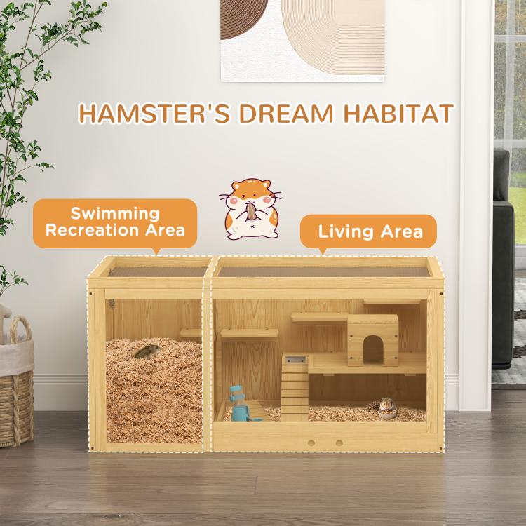 Wood hamster cage with two zones, living area platform, hide, and digging section