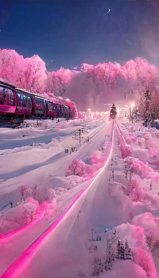 Snowy winter landscape with a lit train and pink snow-covered trees