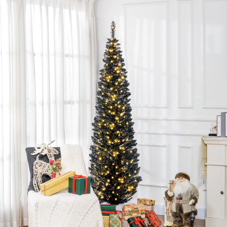 Pre-lit slim pencil Christmas tree with warm white LED lights on black stand