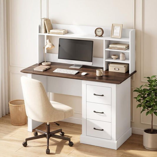 Walnut computer desk with monitor, keyboard, open shelves, and three drawers