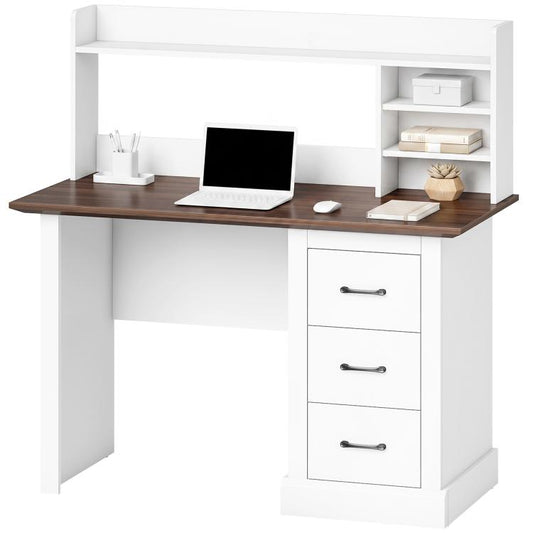 Walnut and white computer desk with 3 drawers and side storage shelves