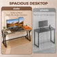 Rustic brown desk with black legs supporting monitors, keyboard, and accessories