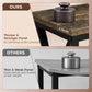 Rustic brown tabletop with black metal leg and edge panel detail