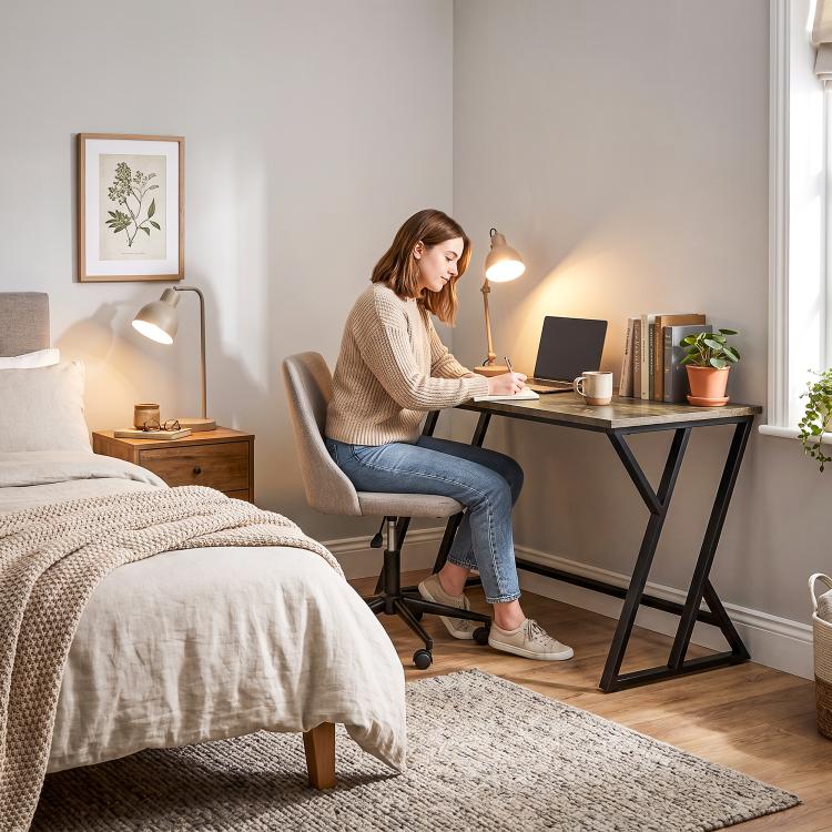 Rustic brown desk with black Z legs for laptop work in home office