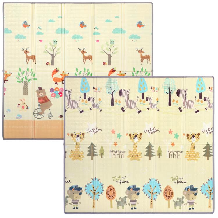 Reversible baby play mat with forest animal design, beige and blue, stacked flat