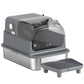 Enclosed stainless steel cat litter box with clear flip-top lid and raised step base