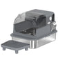 Grey stainless cat litter box with clear flip lid, front door, step platform and scoop.