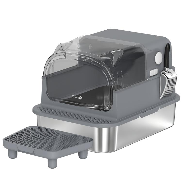 Grey stainless cat litter box with clear flip lid, front door, step platform and scoop.