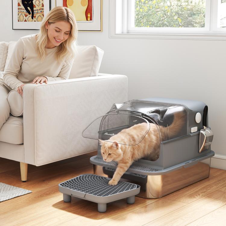 Stainless steel enclosed cat litter box with flip lid, open step platform, and cat