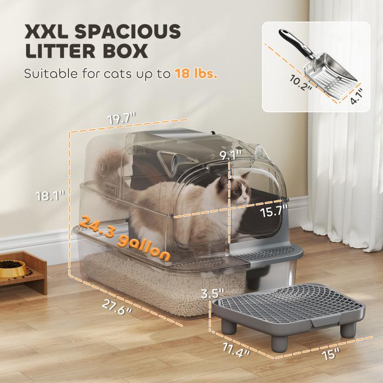 XXL stainless steel enclosed cat litter box with flip lid and large front step platform