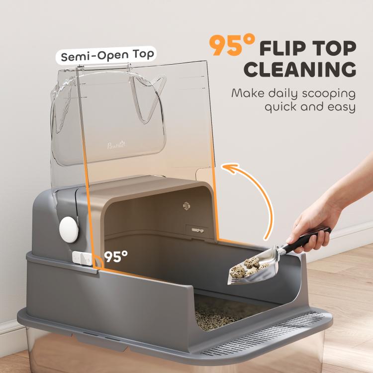 Stainless steel cat litter box featuring a 95-degree flip top for quick scooping
