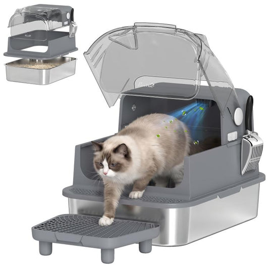 High-sided stainless steel enclosed cat litter box with flip lid and two-step platform