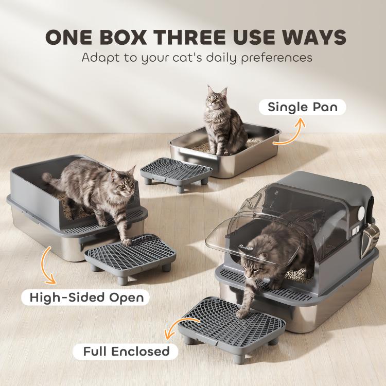 Enclosed cat litter box with high sides and removable steps for single pan or open use