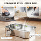 Stainless steel litter box tray with metal litter scoop beside enclosed base