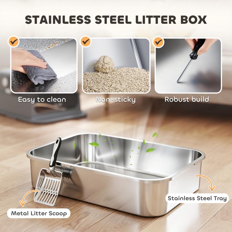Stainless steel litter box tray with metal litter scoop beside enclosed base