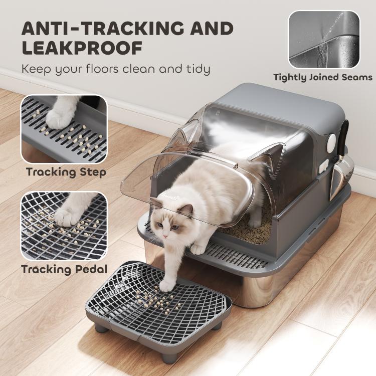 Cat litter box with tracking step and enclosed stainless tray with flip lid