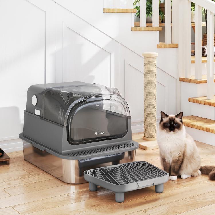 Stainless steel enclosed cat litter box with flip lid and front step platform