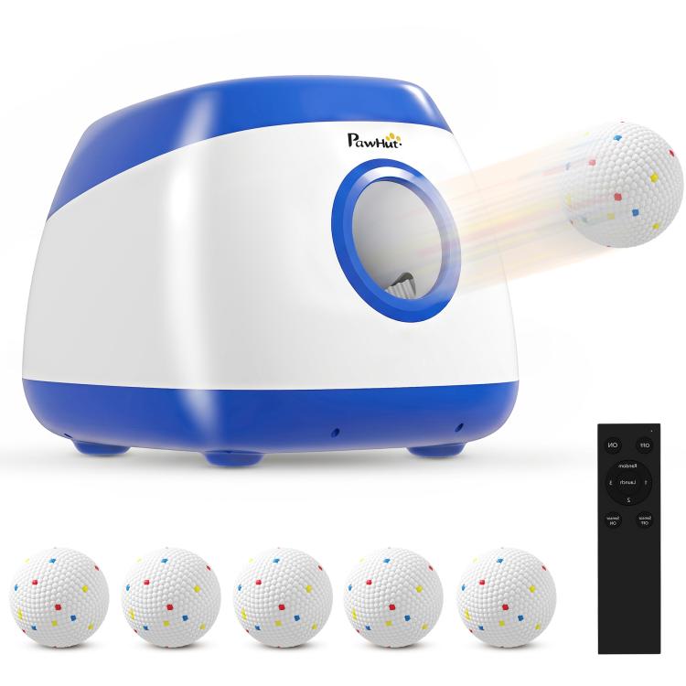 Blue and white dog ball launcher with remote control and five speckled balls