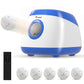 Blue automatic dog ball launcher with circular opening and five speckled balls, plus remote