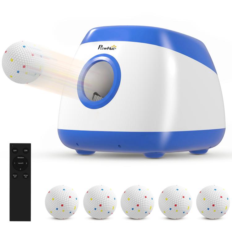 Blue automatic dog ball launcher with circular opening and five speckled balls, plus remote