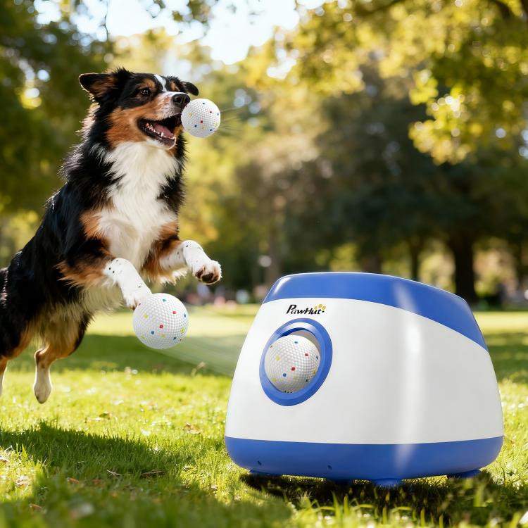 Blue and white dog ball launcher with ball on grass near jumping dog