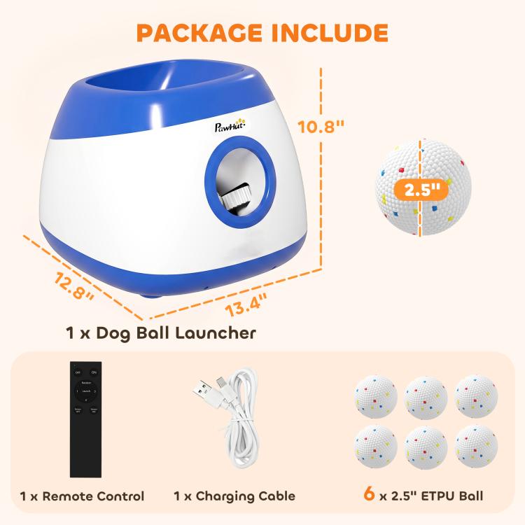 Dog ball launcher package includes launcher, remote control, charging cable, and six ETU balls