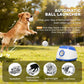 Blue and white automatic dog ball launcher with ball in front of jumping dog