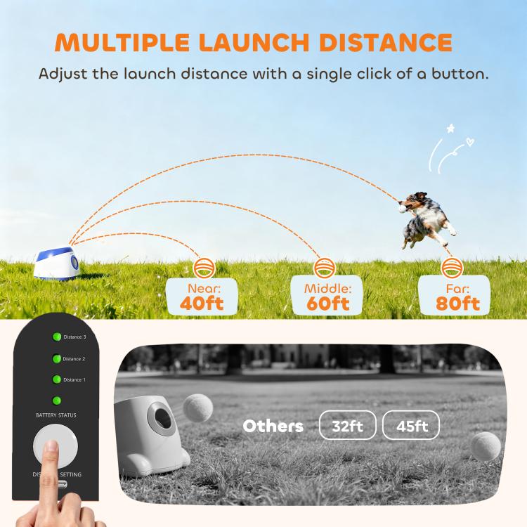 Blue and white automatic ball launcher with handheld remote and launch distance buttons